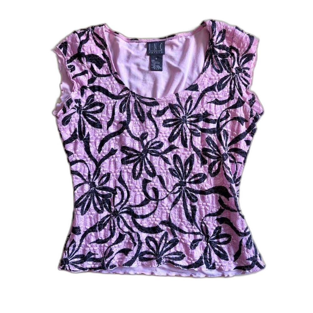 INC Pink Black Floral Crinkle Top Coquette Vintage Y2K Size S